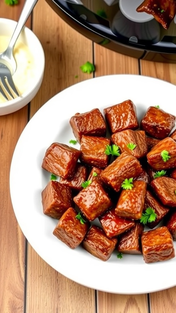 Delicious air fryer steak bites garnished with parsley on a rustic table.